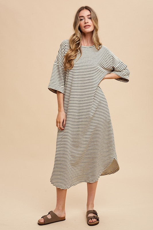 Annie Wear Striped Round Neck Terry Midi Dress Casual Dresses