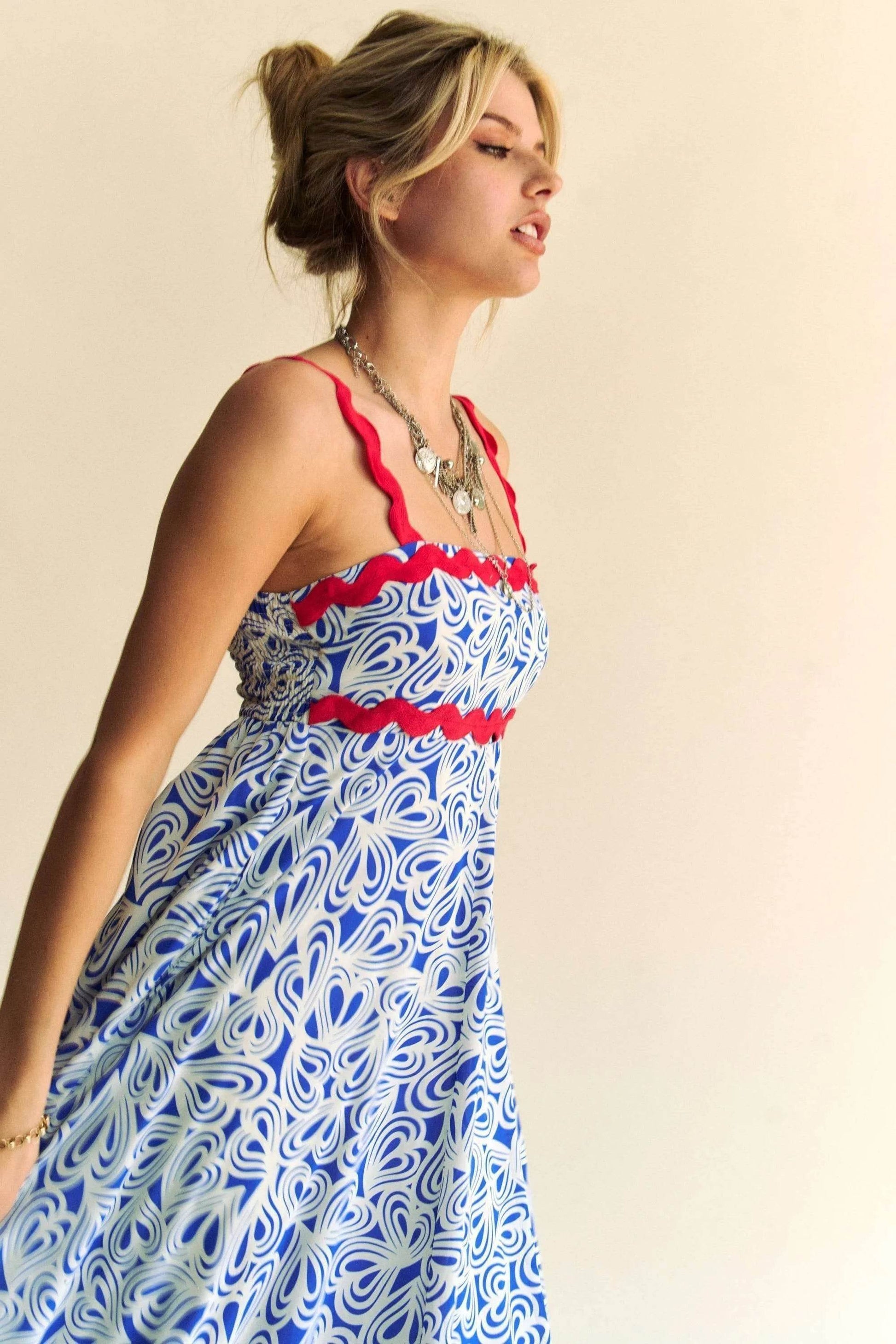 Davi & Dani Geo 2 Tone Printed Wavi Trim Tiered Maxi Dress - Shop Style & More | Fresh Looks, Everyday Deals & Free Shipping