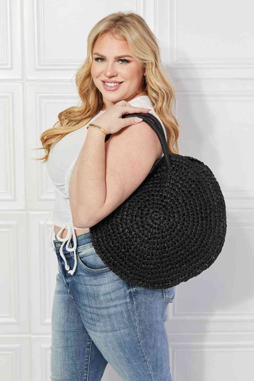 Justin Taylor Beach Date Straw Rattan Handbag in Black Bags