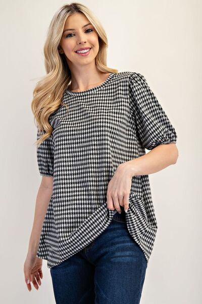 Celeste Full Size Gingham Print Top With Puff Sleeves Plus Size Black Blouses