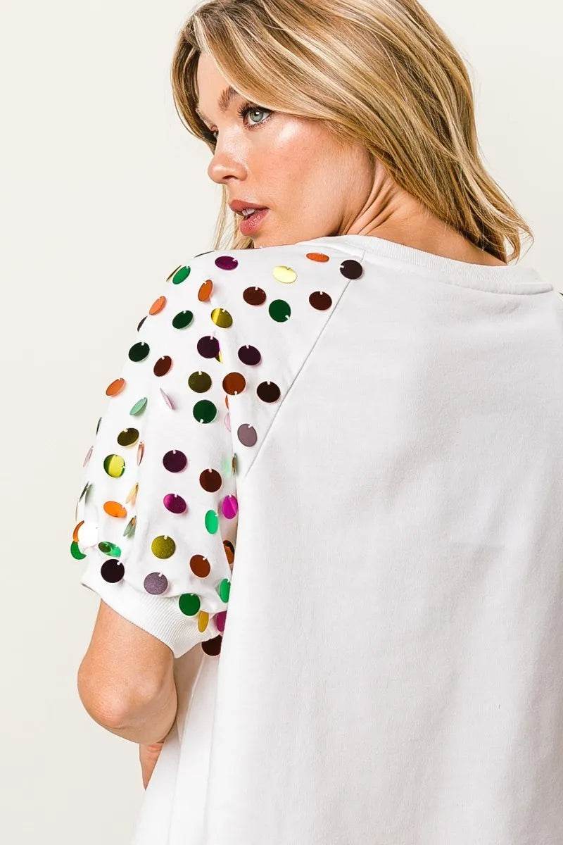 BiBi Metallic Letter Spangle Raglan Puff Sleeve Top - Shop Style & More | Fresh Looks, Everyday Deals & Free Shipping