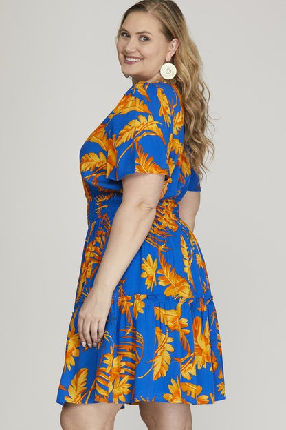 She + Sky Full Size Printed Notched Short Sleeve Frill Tiered Dress Plus Size Casual Dresses