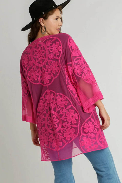 Umgee Full Size Floral Lace Open Front Kimono Sleevee Cover Up with Waist Tie Plus Size - Shop Style & More | Fresh Looks, Everyday Deals & Free Shipping