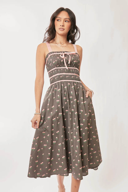 Davi & Dani Contrast Velvet Tape Smocking Bodice Midi Dress - Shop Style & More | Fresh Looks, Everyday Deals & Free Shipping