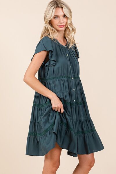 Mittoshop Lace Detail Ruffled Button Down Tiered Dress Casual Dresses