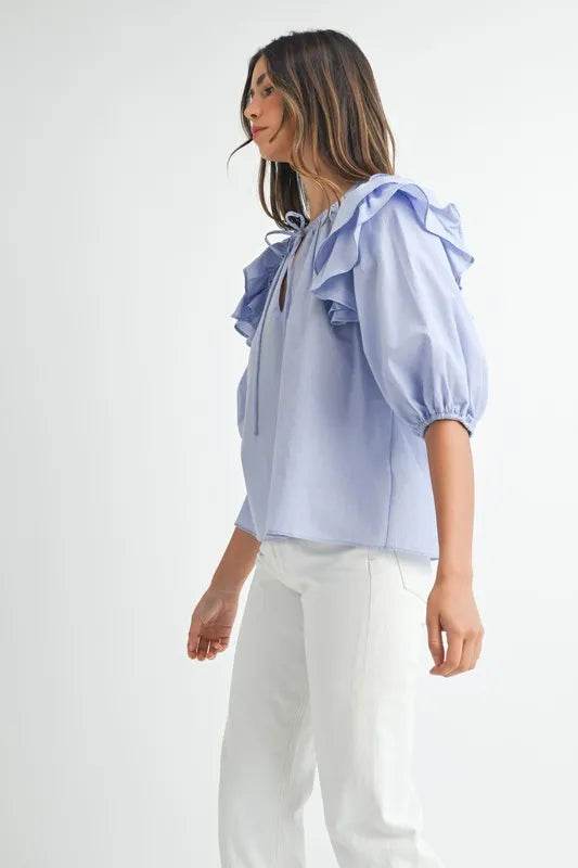 MABLE Stripe Ruffle Shoulder Puff Sleeve Blouse - Shop Style & More | Fresh Looks, Everyday Deals & Free Shipping