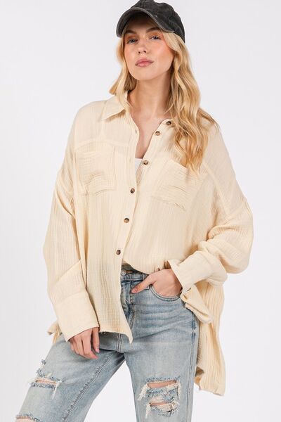 SAGE + FIG Frayed Hem Side Slit Button Down Shirt Natural Blouses