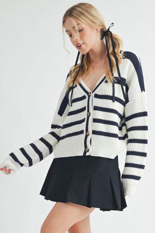 Aemi + Co Striped V-Neck Button Down Cardigan Hoodies & Sweaters