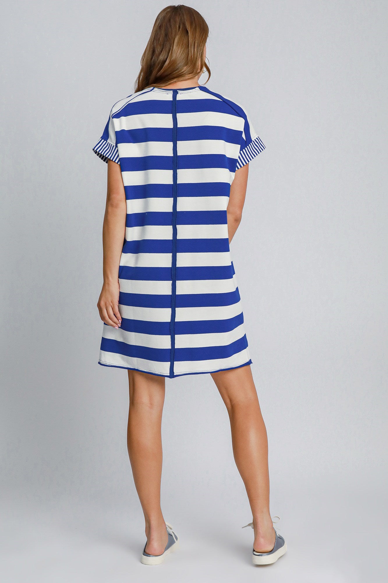 Umgee Peace Applique Striped Short Sleeve Mini Dress Casual Dresses