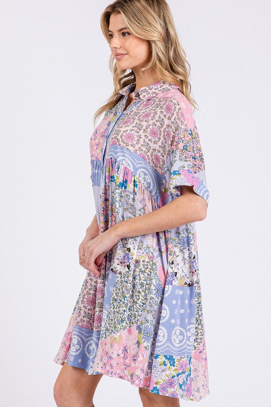 SAGE + FIG Floral Collared Neck Half Sleeve Mini Shirt Dress Casual Dresses