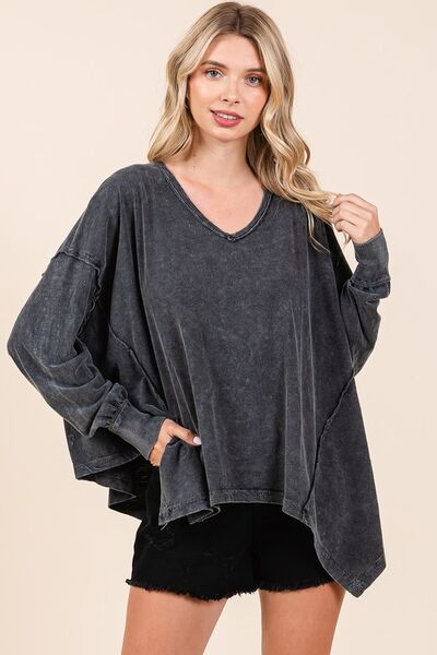 Mittoshop Mineral Wash V-Neck Long Sleeve Oversized Top Blouses