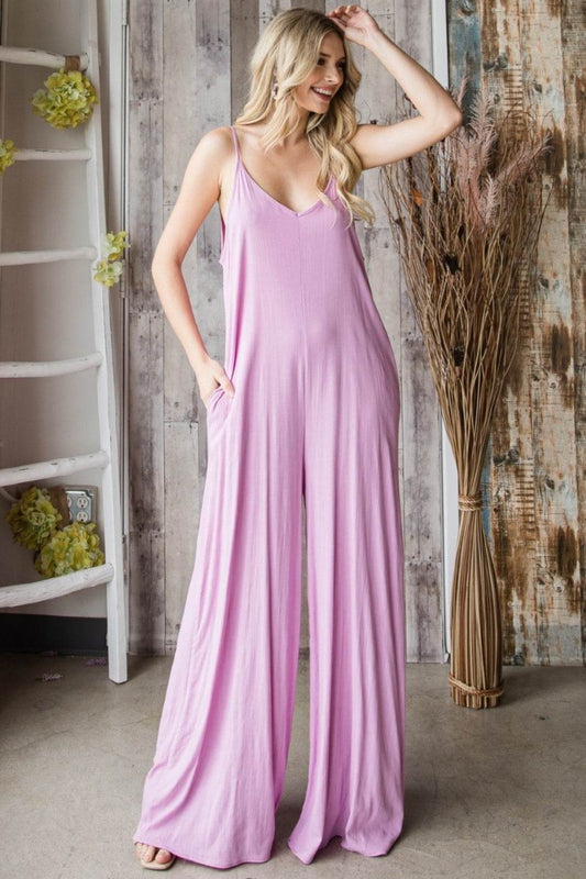 Veveret Pocketed Spaghetti Strap V-Neck Wide Leg Jumpsuit - Shop Style & More | Fresh Looks, Everyday Deals & Free Shipping