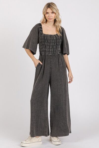 Mittoshop Mineral Wash Wide Leg Jumpsuit - Gauze Ruched Style Jumpsuits