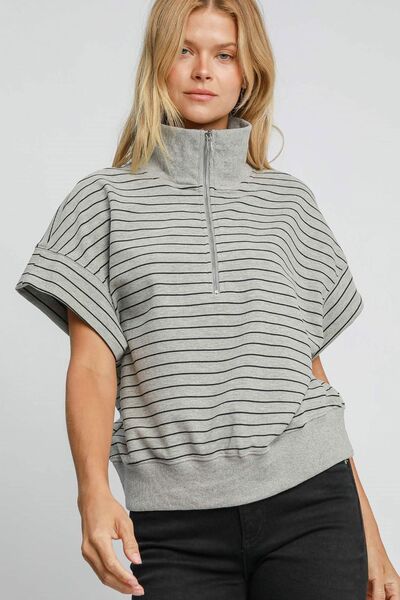 Umgee Striped Half Zip Short Sleeve Sweatshirt Gray Hoodies & Sweaters