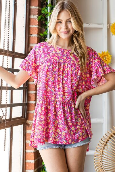 Heimish Full Size Ruffled Short Sleeve Floral Tiered Blouse Plus Size Blouses