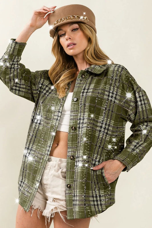 BiBi Allover Clear Sequins Vintage Plaid Jacket OLIVE MULTI Women's Outerwear