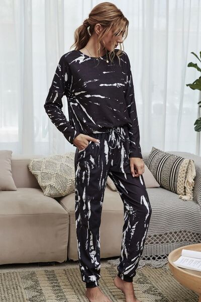 Shiny Tie-Dye Round Neck Top and Drawstring Waist Joggers Lounge Set Black Lounge Set