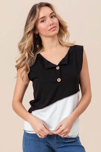 BiBi Color Block Contrast Stitching Buttoned Henley Top - Shop Style & More | Fresh Looks, Everyday Deals & Free Shipping