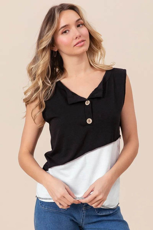 BiBi Color Block Contrast Stitching Buttoned Henley Top - Shop Style & More | Fresh Looks, Everyday Deals & Free Shipping