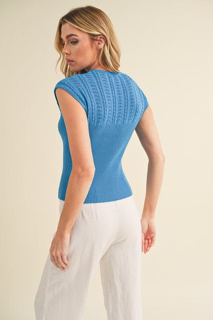 Aemi + Co Openwork Round Neck Cap Sleeve Knit Top Hoodies & Sweaters