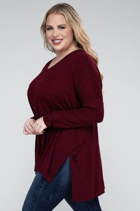 Plus Dolman Sleeve V-Neck Side Slit Hi-Low Hem Top - Shop Style & More | Fresh Looks, Everyday Deals & Free Shipping