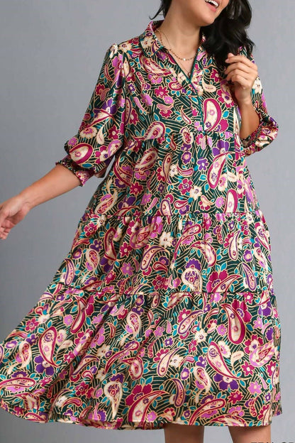 Umgee Full Size Paisley Print Satin Tiered Midi Dress Plus Size Casual Dresses