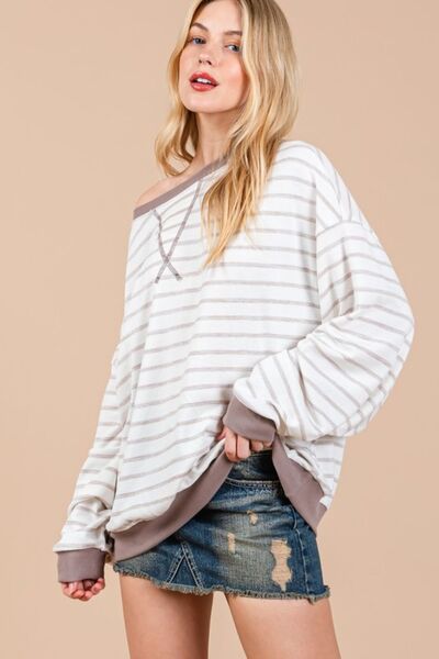 Ces Femme Striped Round Neck Drop Shoulder Sweatshirt Hoodies & Sweaters