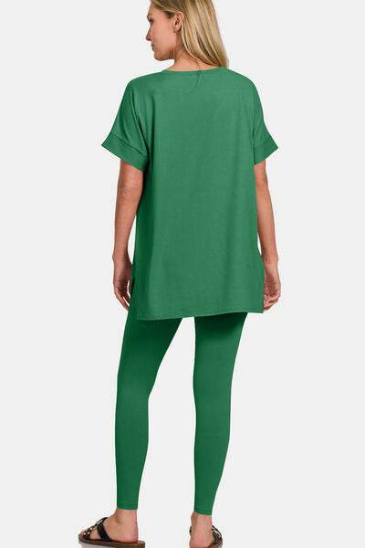 Zenana Full Size V-Neck Rolled Short Sleeve T-Shirt and Leggings Lounge Set - Shop Style & More | Fresh Looks, Everyday Deals & Free Shipping