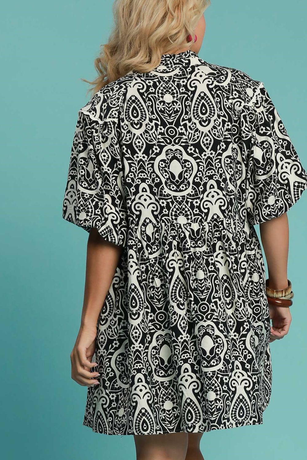 Umgee Full Size Abstract Print Puff Sleeve Dress Plus Size Casual Dresses