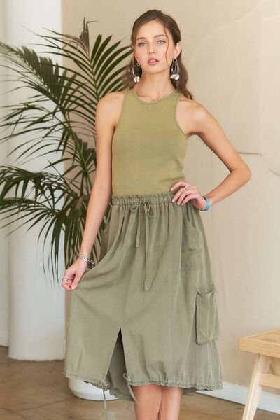 ADORA Drawstring Sleeveless Washed Dress Lt Olive Casual Dresses