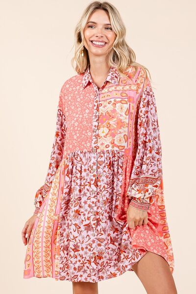 Mittoshop Floral Button Detail Long Sleeve Shirt Dress Coral Pink Casual Dresses