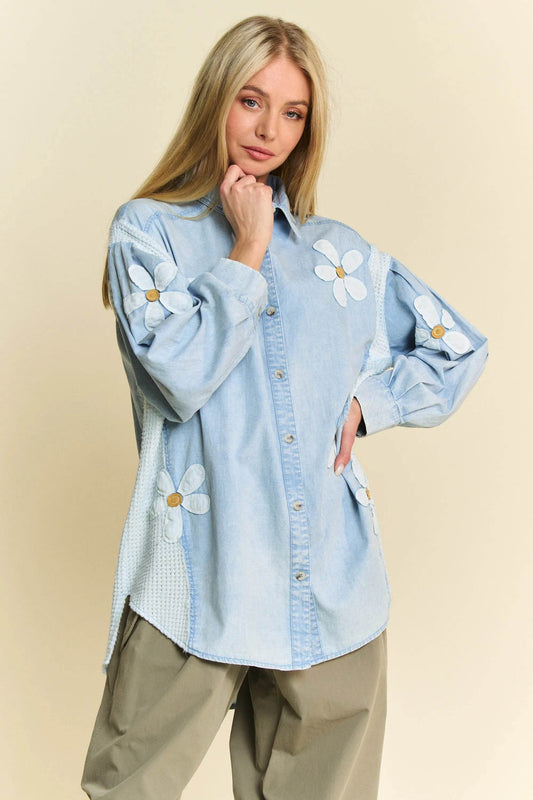 Davi & Dani Lightweight Washed Daisy Patch Waffle Knit Shirt - Shop Style & More | Fresh Looks, Everyday Deals & Free Shipping