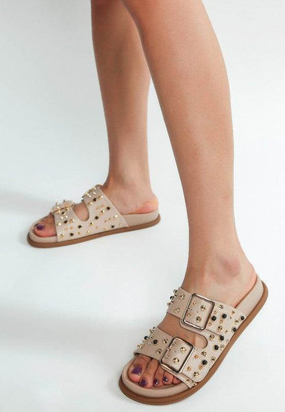 Jayata Metallic Stud Embellished Sliders - Shop Style & More | Fresh Looks, Everyday Deals & Free Shipping
