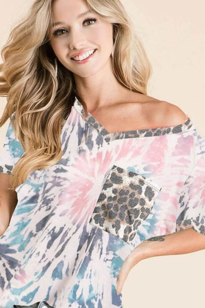 BiBi Tie Dye Print V Neck Top with Front Patch Pocket - Shop Style & More | Fresh Looks, Everyday Deals & Free Shipping