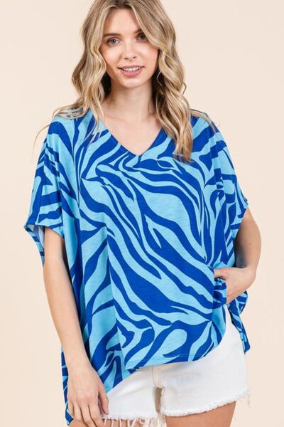 Mittoshop Zebra Print V-Neck Short Sleeve Oversized Top Blouses