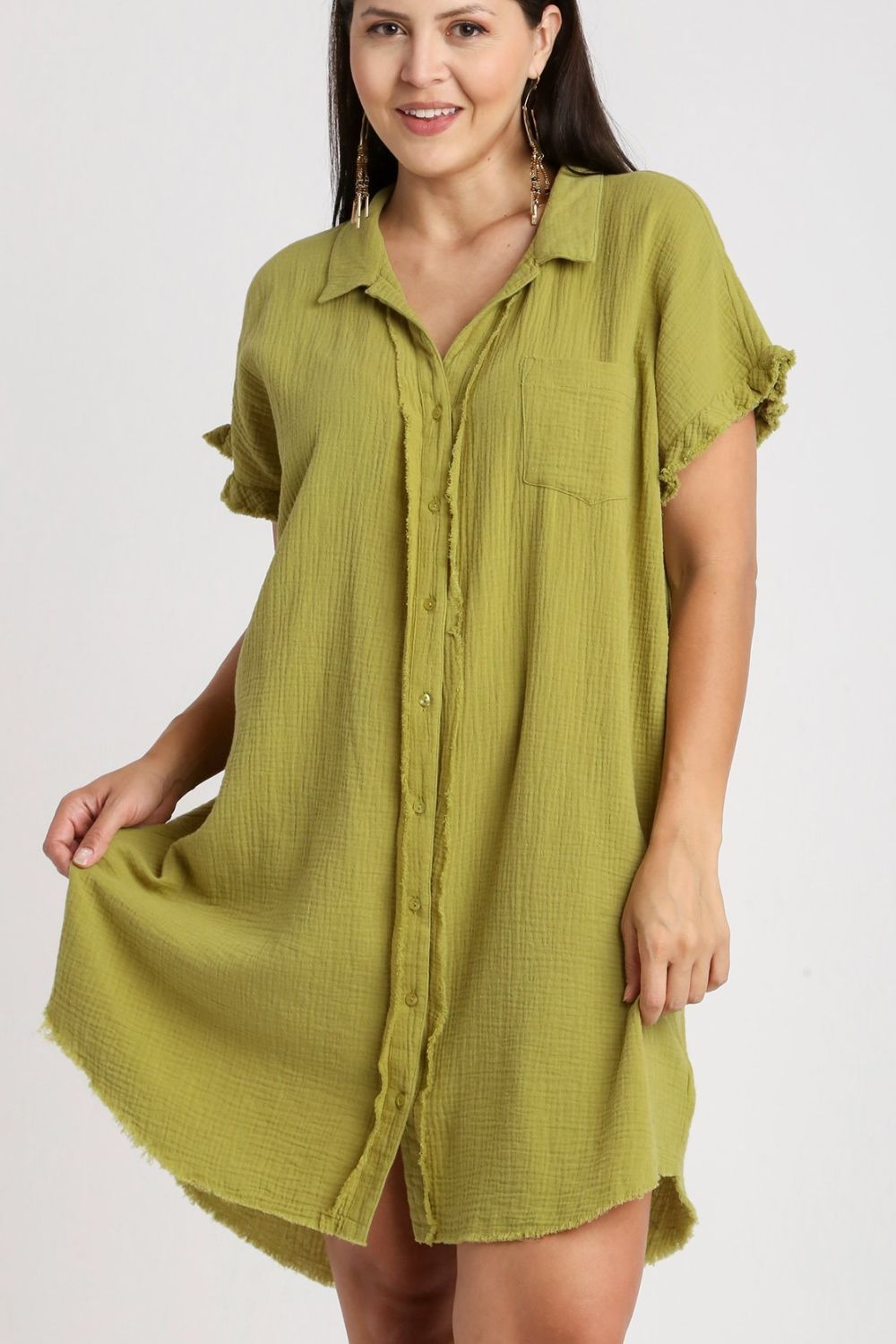 Umgee Full Size Raw Hem Button Down Short Sleeve Gauze Shirt Dress Plus Size Casual Dresses