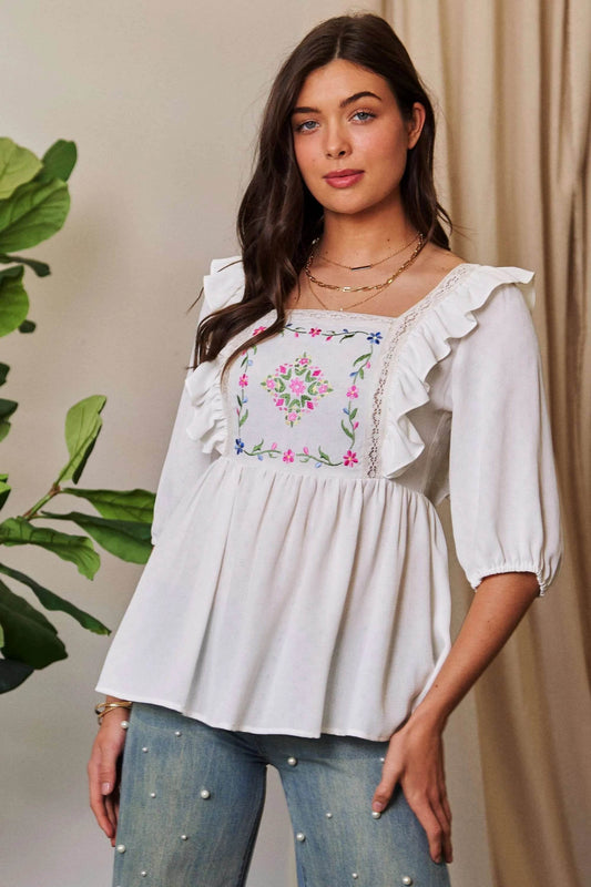 Davi & Dani Texture Tie Back Floral Embroidery Frill Blouse - Shop Style & More | Fresh Looks, Everyday Deals & Free Shipping