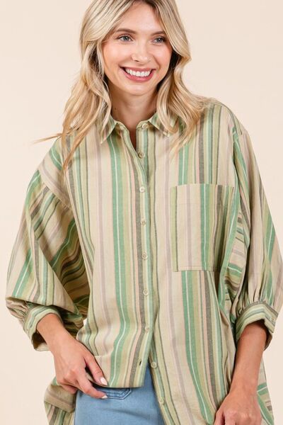 Mittoshop Striped Bubble Sleeve Button Down Shirt GREEN TEA Blouses