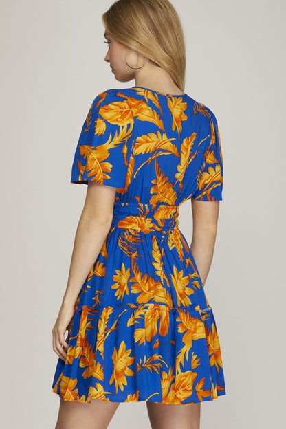 She + Sky Full Size Printed Notched Short Sleeve Frill Tiered Dress Plus Size Casual Dresses