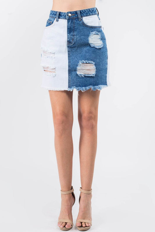 American Bazi Contrast Patched Frayed Denim Distressed Skirts - Shop Style & More | Fresh Looks, Everyday Deals & Free Shipping