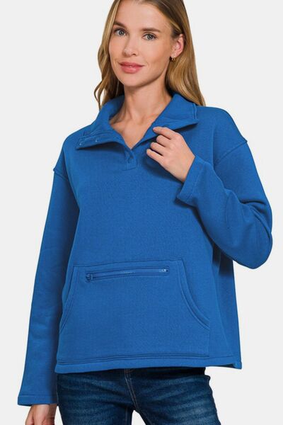 Zenana Turtleneck Half Snap Fleece Sweatshirt Royal Blue Hoodies & Sweaters