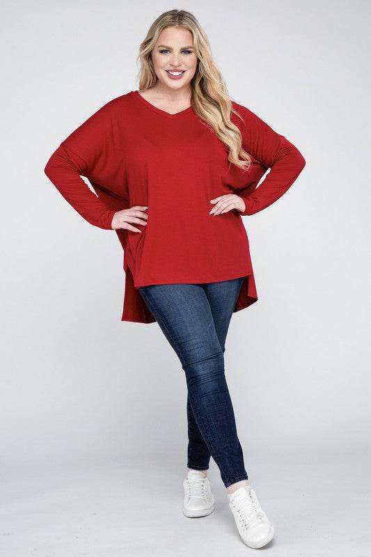 Plus Dolman Sleeve V-Neck Side Slit Hi-Low Hem Top - Shop Style & More | Fresh Looks, Everyday Deals & Free Shipping