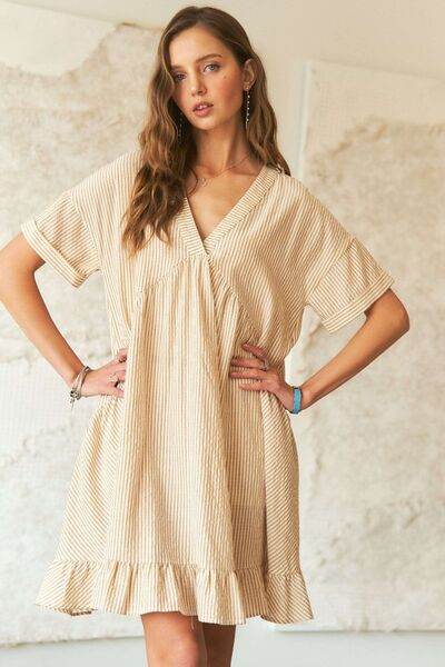 ADORA Ruffled Hem Striped V-Neck Babydoll Dress - Shop Style & More | Fresh Looks, Everyday Deals & Free Shipping