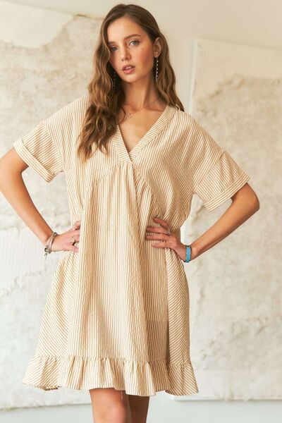 ADORA Ruffled Hem Striped V-Neck Babydoll Dress Pastel Yellow Casual Dresses