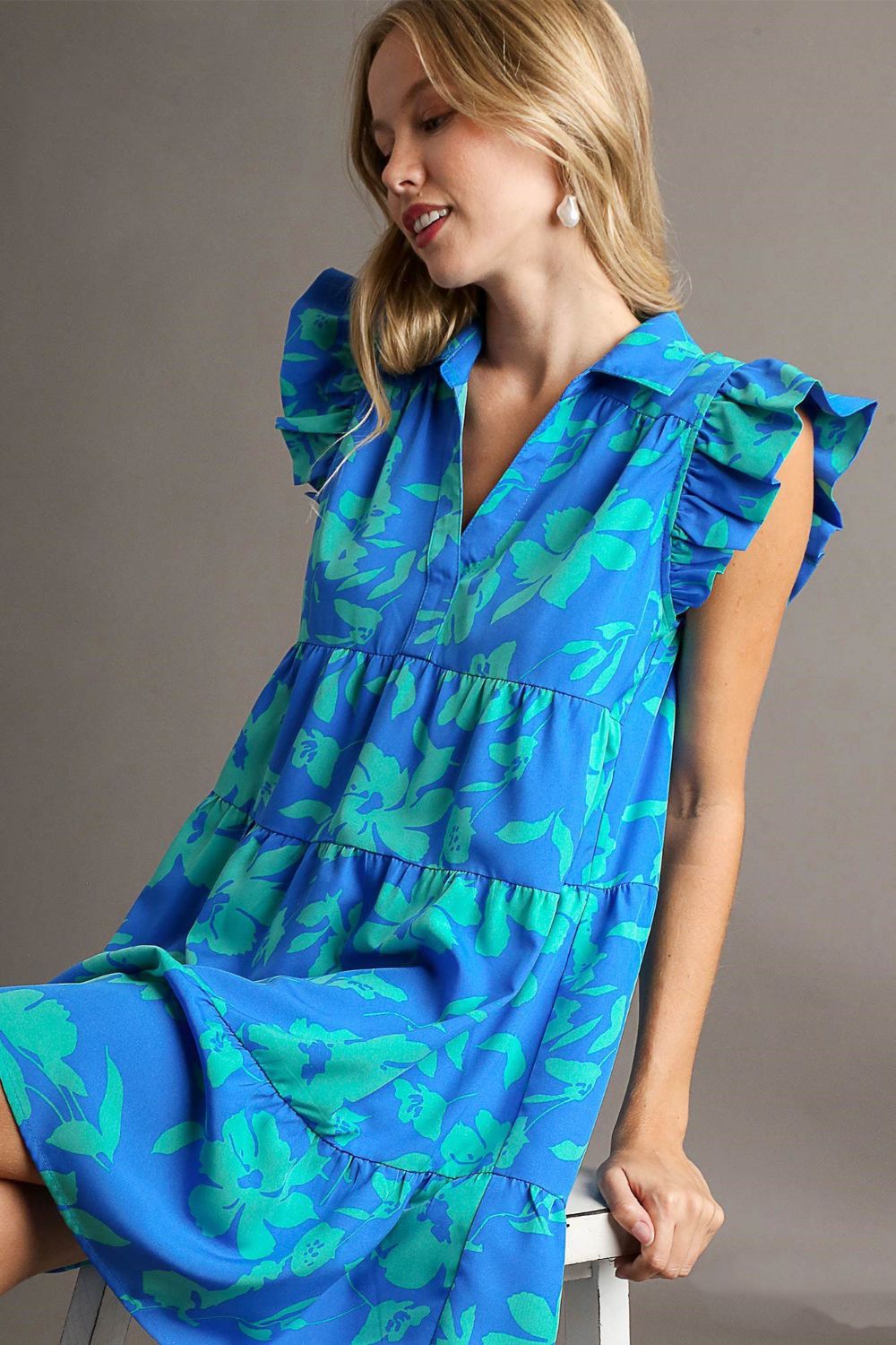 Umgee Full Size Floral Print Ruffle Cap Sleeve Tiered Dress Plus Size Blue Casual Dresses