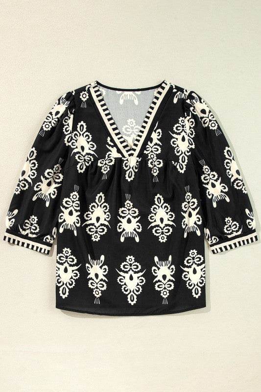 Vintage Geometric Printed V Neck Blouse - Shop Style & More | Fresh Looks, Everyday Deals & Free Shipping