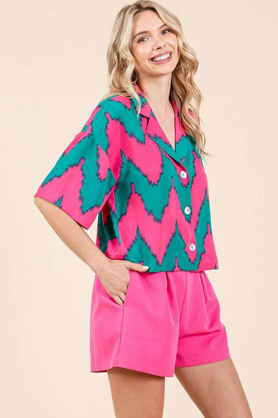 Mittoshop Chevron Print Short Sleeve Crop Shirt - Shop Style & More | Fresh Looks, Everyday Deals & Free Shipping