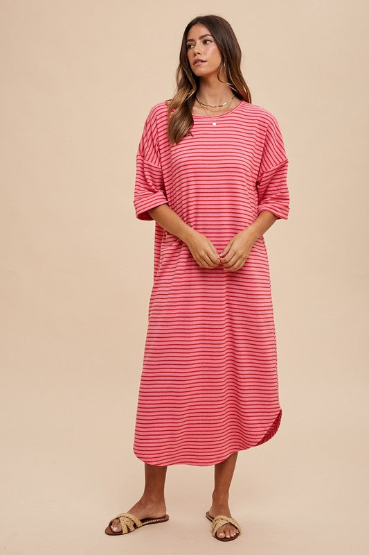 Annie Wear Striped Round Neck Terry Midi Dress Casual Dresses