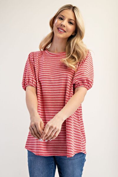 Celeste Full Size Gingham Print Top With Puff Sleeves Plus Size Blouses