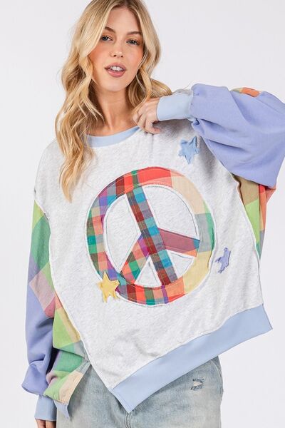 SAGE + FIG Contrast Peace Patch Dropped Shoulder Sweatshirt Blue Purple Hoodies & Sweaters